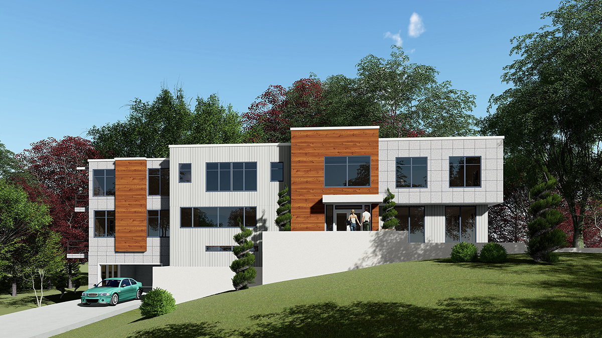 Architectural rendering of a modern white and wood-paneled house on a sloped lot with a ground-level garage and couple at the entrance