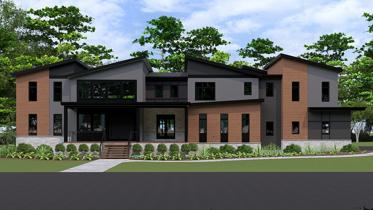 Architectural rendering of a modern two-story house with wood and gray siding, sloped roofs, and a landscaped front yard