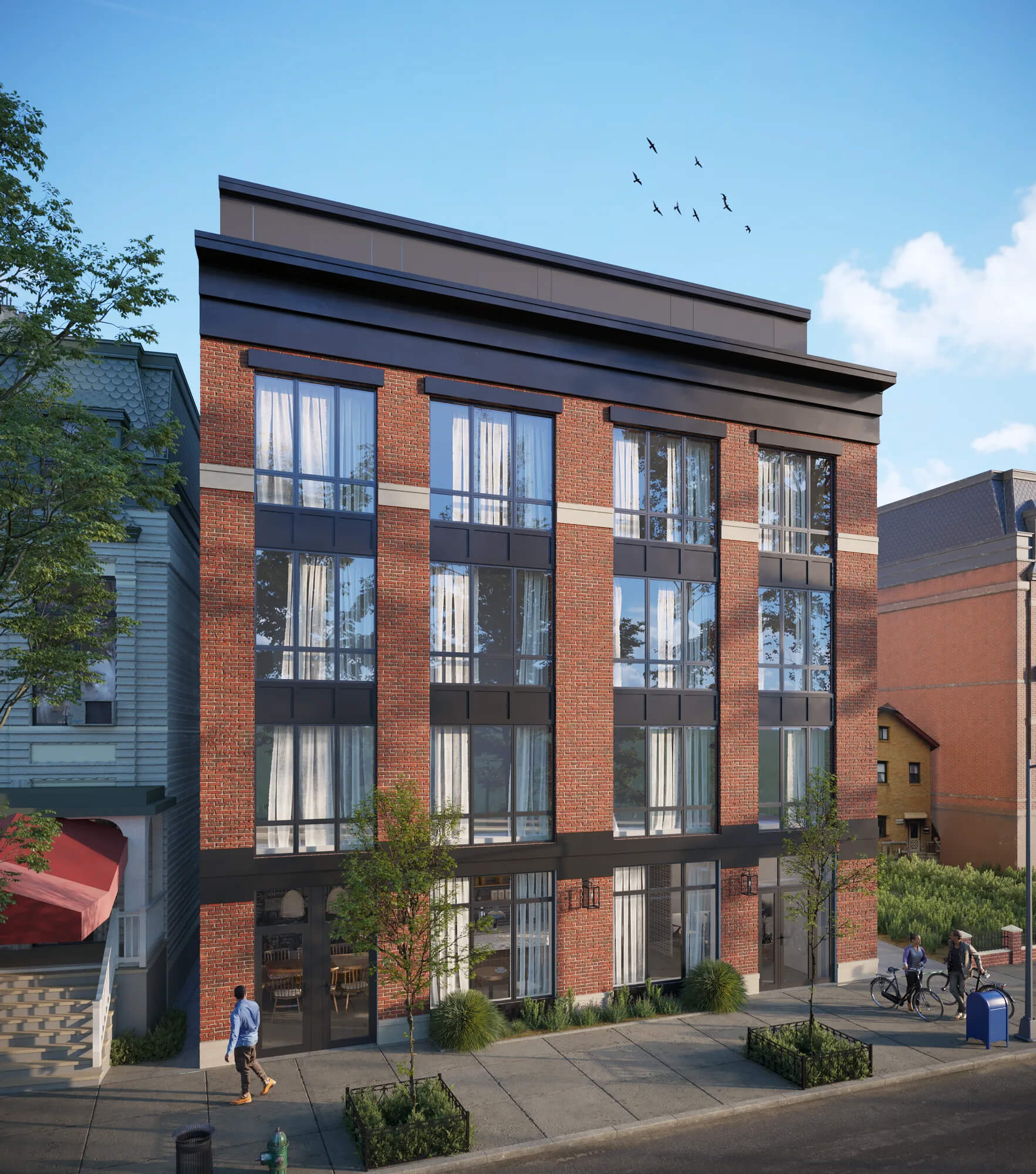 Four-story brick residential building on a tree-lined city street with ground-floor retail and people walking by on a clear day